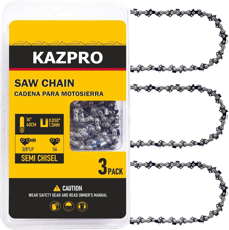 KAZPRO 16 Inch Chainsaw Chain 56 Drive Links, 3/8" LP Pitch, .050" Gauge, Low kickback, Lubrication System Chainsaw Blade fits Echo, Craftsman, Poulan, Homelite, Greenworks, etc, KP-S56 (3 Pack) - Image 1